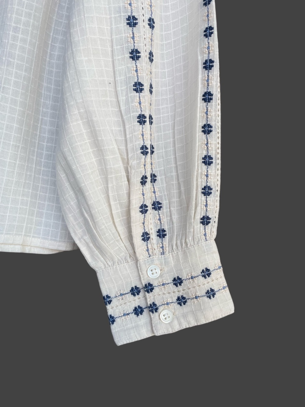 SEZANE NWT White Blue Cream Floral Embroidered Ruffle Button Down Chlo Shirt Top - Picture 12 of 17